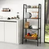 A kitchen scene with a white cabinet and a dark brown ladder shelf filled with kitchen items. Podgląd zdjęcia produktu