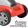 Close-up of a red lawnmower with text overlay. Produktbild-Vorschau