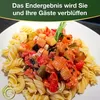 A plate of fusilli pasta with a ratatouille-like vegetable topping and a sprig of rosemary. Produktbild-Vorschau