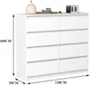 A white dresser with 8 drawers is shown from a slightly angled front view. Dimensions are indicated with arrows and text. Anteprima dell’immagine prodotto