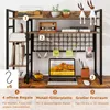 A desk shelf with various items on it, including a laptop, headphones, and decorative objects. Text overlays highlight features. Produktbild-Vorschau
