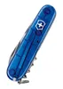 A close-up studio shot of a blue transparent Swiss Army knife against a white background. Produktbild-Vorschau