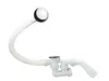 A white bathtub drain assembly with a flexible hose and a chrome overflow cover, isolated on a white background. Produktbild-Vorschau