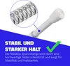 A close-up of a tension rod with a magnified view of its spring mechanism, set against a white background with a blue overlay containing text and a checkmark. Produktbild-Vorschau