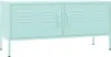A mint green metal TV stand with two cabinet doors, each featuring horizontal vents and a handle. It is supported by four thin metal legs. Anteprima dell’immagine prodotto