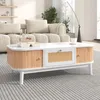 A coffee table is placed in a living room setting in front of a sofa.