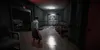 A dimly lit hospital hallway with a person standing in the middle, looking towards a door with graffiti. Náhled obrázku produktu