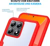 A close-up view of a red phone case with a transparent back, showing the camera cutout and the phone's screen. Produktbild-Vorschau