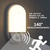 A motion-activated LED light mounted on a textured wall, with a graphic overlay showing detection range and a running figure. Produktbild-Vorschau