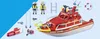 A collection of Playmobil fire rescue toys, including a fireboat, figures, and accessories, arranged on a light blue and white background. Produktbild-Vorschau