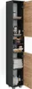 A tall, narrow bathroom cabinet with two doors, one open, displaying various toiletries and folded towels on its shelves. Náhľad obrázku produktu
