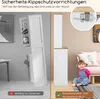 A split image showing a cabinet tipping over on the left and a cabinet with a child sitting next to it on the right, with safety information overlays. Podgląd zdjęcia produktu