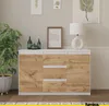A modern sideboard with white top and frame and wood-effect doors and drawers, set against a neutral wall. Decorated with plants and artwork. Produktbild-Vorschau