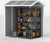 An organized storage shed interior with shelves filled with tools and gardening supplies. Produktbild-Vorschau
