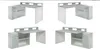 Four different views of a white and light gray L-shaped desk with a hutch and a side cabinet with drawers and shelves. Produktbild-Vorschau