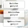Three white rectangular boxes with text indicating product suitability for oven, microwave, and dishwasher. Produktbild-Vorschau