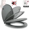 A toilet seat shown in multiple stages of closing, with icons indicating quiet closing and a woman gesturing for silence. Anteprima dell’immagine prodotto