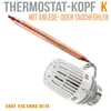 A thermostat head and a copper sensor are shown against a white background. Text overlays describe the product. Produktbild-Vorschau