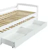 A close-up view of a white wooden bed frame with two drawers underneath and a slatted mattress base. Anteprima dell’immagine prodotto