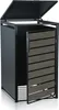 A dark gray trash bin enclosure with a wooden-look door, shown with the lid open and the door ajar. Produktbild-Vorschau
