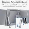 A close-up view of a tri-screen laptop monitor stand, highlighting its adjustable feature. Produktbild-Vorschau