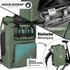 A collage of images showing a green bicycle pannier bag, its features, and how it attaches to a bicycle. Produktbild-Vorschau
