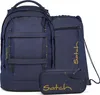 A set of three denim blue school bags, including a backpack, a drawstring bag, and a pencil case, arranged on a white background. Voir les images du produit