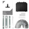 A collection of items likely for a range hood installation, including a manual, a charcoal filter, mounting brackets, screws, a hose, and zip ties. Náhľad obrázku produktu