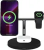A black 3-in-1 wireless charging stand with a phone, smartwatch, and earbuds case on it. The phone and smartwatch are charging. Podgląd zdjęcia produktu