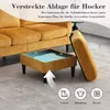 A yellow sofa with an open ottoman revealing storage space, with icons for shoes, clothing, and blankets below. Náhled obrázku produktu