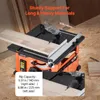 A table saw with a piece of wood being cut, showcasing its features and specifications. Náhled obrázku produktu