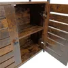 Interior view of a dark brown wooden cabinet with two shelves and open doors. Produktbild-Vorschau