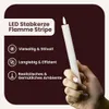 A hand holding a white LED candle with a flame, next to descriptive text and icons. Podgląd zdjęcia produktu
