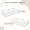 Two white wooden bed frames are shown, one with doors and one without, against a plain white background with decorative organic shapes. Produktbild-Vorschau