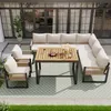 An outdoor patio set with a sectional sofa, chairs, and a dining table, set on a patterned rug. Produktbild-Vorschau