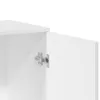 A close-up view of a white cabinet door with a silver hinge. Voir les images du produit