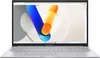 A silver Asus Vivobook laptop is shown from the front, open with the screen displaying a colorful abstract wallpaper. The keyboard and trackpad are visible. Produktbild-Vorschau