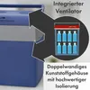 A close-up of a blue cooler box with an overlay highlighting its features, including an integrated fan and double-walled construction with insulation. The overlay shows a diagram of bottles inside the cooler and text in German. Produktbild-Vorschau