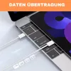 A close-up shot of a white USB-C cable connecting a smartphone to a laptop keyboard, with icons representing data transfer at the bottom. Produktbild-Vorschau
