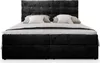 A black upholstered bed with white pillows and bedding, shown from the front against a white background. Produktbild-Vorschau