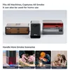 The top part of the image shows three different smoke purifiers. The bottom part shows four scenarios where smoke purifiers can be used: laser engraving, woodworking, soldering, and home use. Produktbild-Vorschau