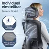 A woman is sitting in an ergonomic office chair, with graphics highlighting adjustable features and breathable material. Produktbild-Vorschau