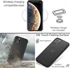 Collage showing a phone case with features like wireless charging compatibility, shock absorption, and a silk touch surface. Produktbild-Vorschau