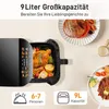 A black air fryer with its basket open, showing a roasted chicken and vegetables inside. There are also images of cooked food on plates in the background. Text overlays provide product information. Produktbild-Vorschau