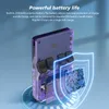 A transparent purple handheld game console with internal components visible, set against a light blue background with glowing blue shield graphics. Produktbild-Vorschau