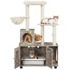 A multi-level cat tree with enclosed cabinets and scratching posts, featuring three cats. Podgląd zdjęcia produktu