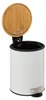 A white pedal bin with a bamboo lid, shown from the front with the lid open. Podgląd zdjęcia produktu