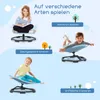 Collage of children using a sensory spinning chair in different ways, with text overlays describing benefits. Produktbild-Vorschau