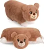Two views of a brown teddy bear pillow. The top view shows the pillow in a 3D perspective, while the bottom view shows it flattened with the bear's face prominently displayed. Anteprima dell’immagine prodotto