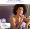A woman is holding a small purple device to her face, with text overlays indicating product features. Produktbild-Vorschau